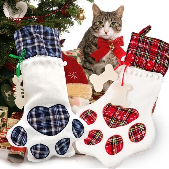 Plaid Cat Pet Christmas Dog Paw Stocking Socks Xmas Tree Hanging Ornaments Gift - Picture 9 of 9
